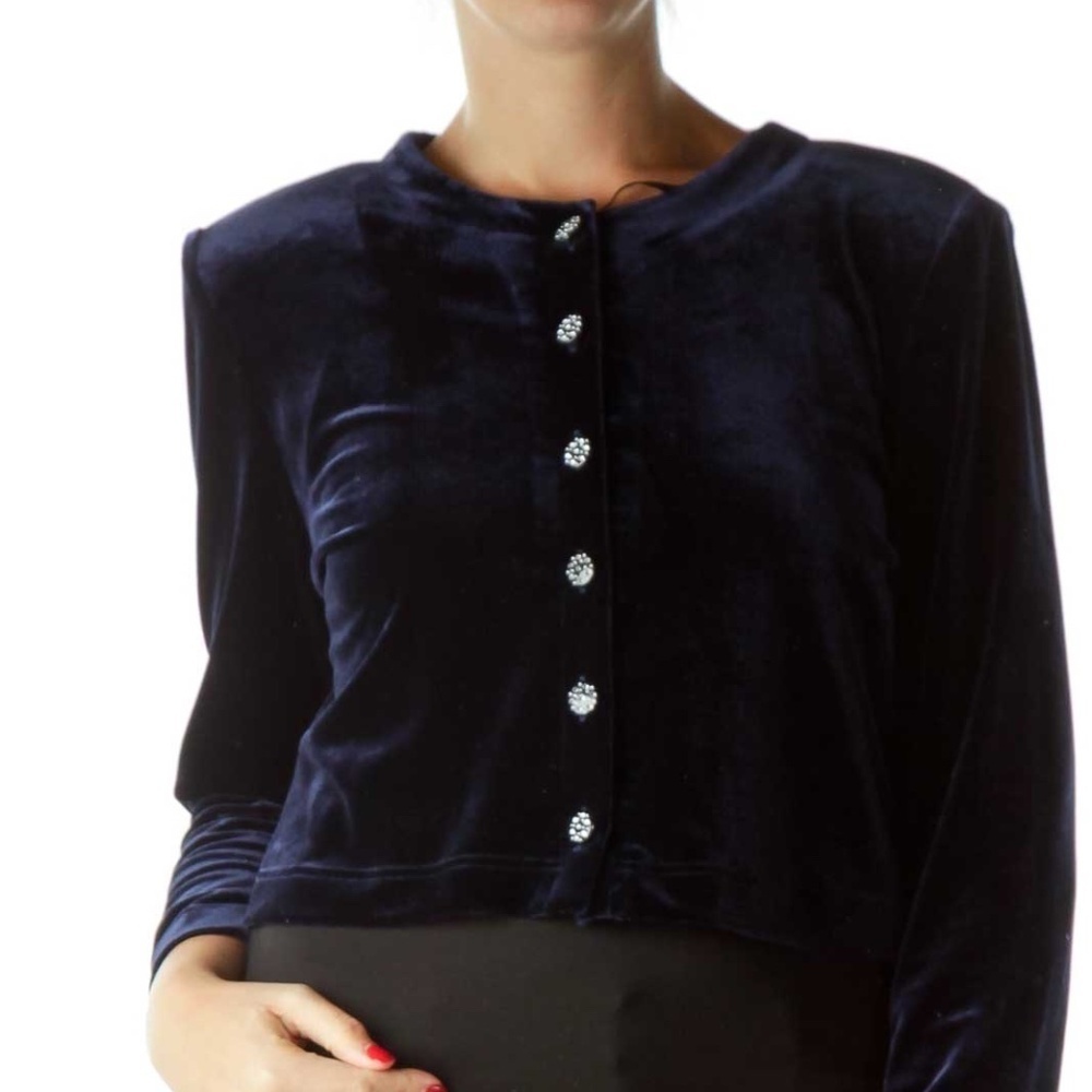 Jessica Howard Navy Velvet Cropped Jacket - Picture 4 of 4